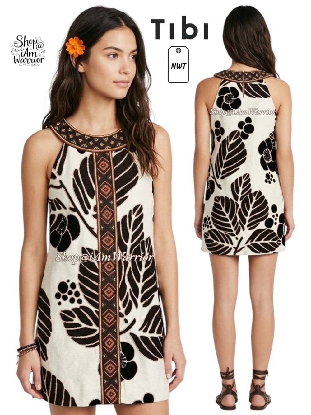Tibi NWT Beaded Shift Leaf Print Tribal Embellished Dress *shop@iamwarrior